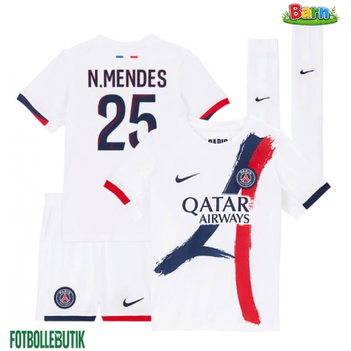 Paris Saint-Germain Nuno Mendes #25 Bortaställ Barn 2025-26 Kortärmad (+ Korta byxor)